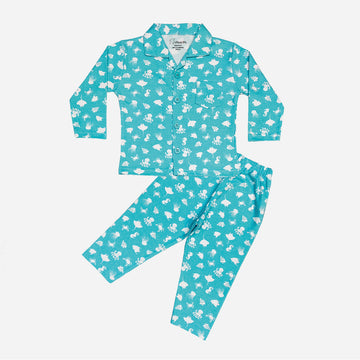 Full Sleeves Baby Octopus Printed Night Suit  for Baby/Kids - Aqua Blue  2-3 Years